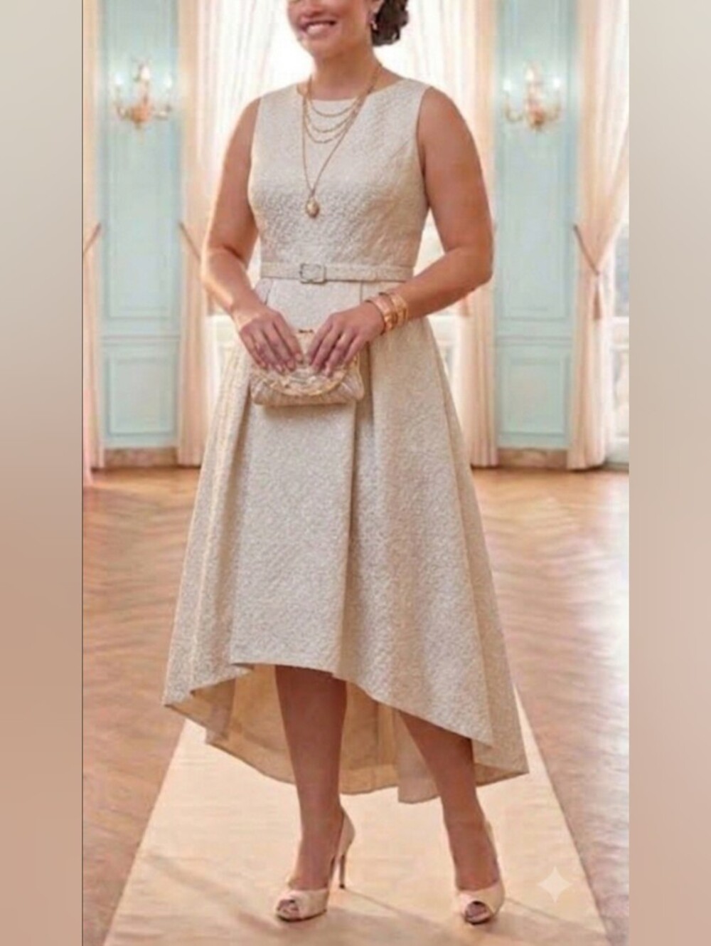 White House Black Market Champagne Jacquard High-Low Cocktail Dress - Size 12